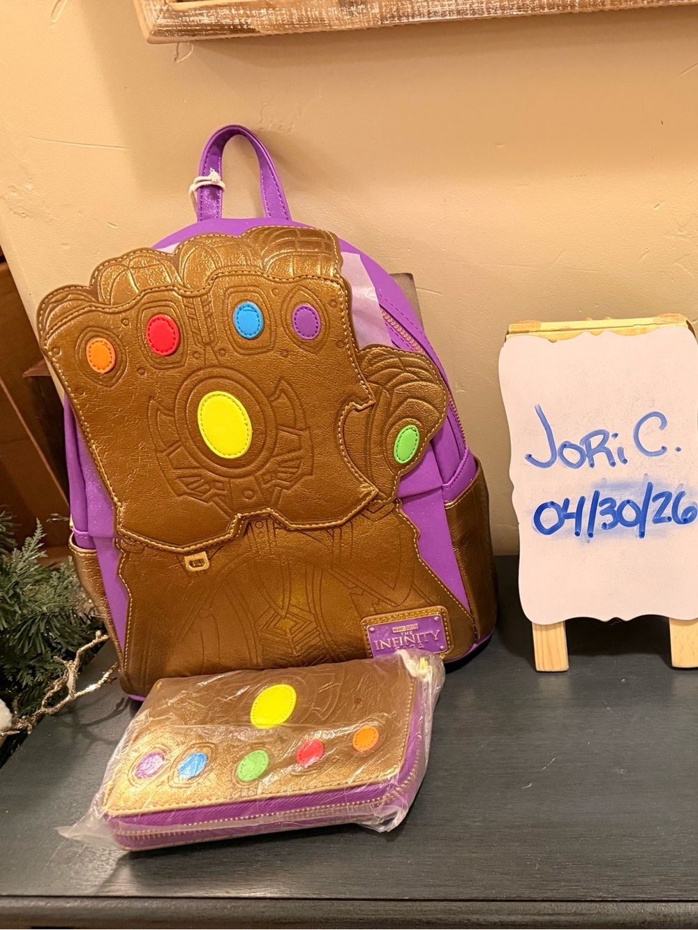 Loungefly Metallic Gold and Purple Infinity Gauntlet Mini Backpack & Wallet Set